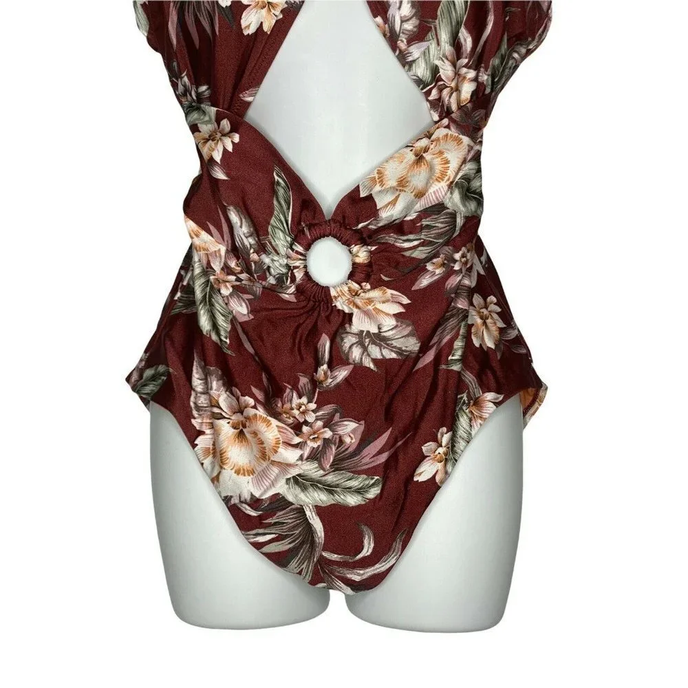 Bar III Woman’s LUAU PALM Cutout Halter One-Piece Swimsuit  SZ XL‎